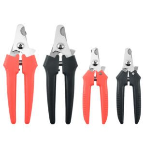 Stainless steel pet nail clippers with ergonomic PP handles in red and black, suitable for cats, dogs, and puppies, ensuring safe grooming.