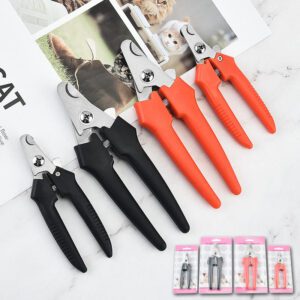 Stainless steel pet nail clippers with ergonomic PP handles in red and black, suitable for cats, dogs, and puppies, ensuring safe grooming.