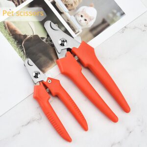 Stainless steel pet nail clippers with ergonomic PP handles in red and black, suitable for cats, dogs, and puppies, ensuring safe grooming.