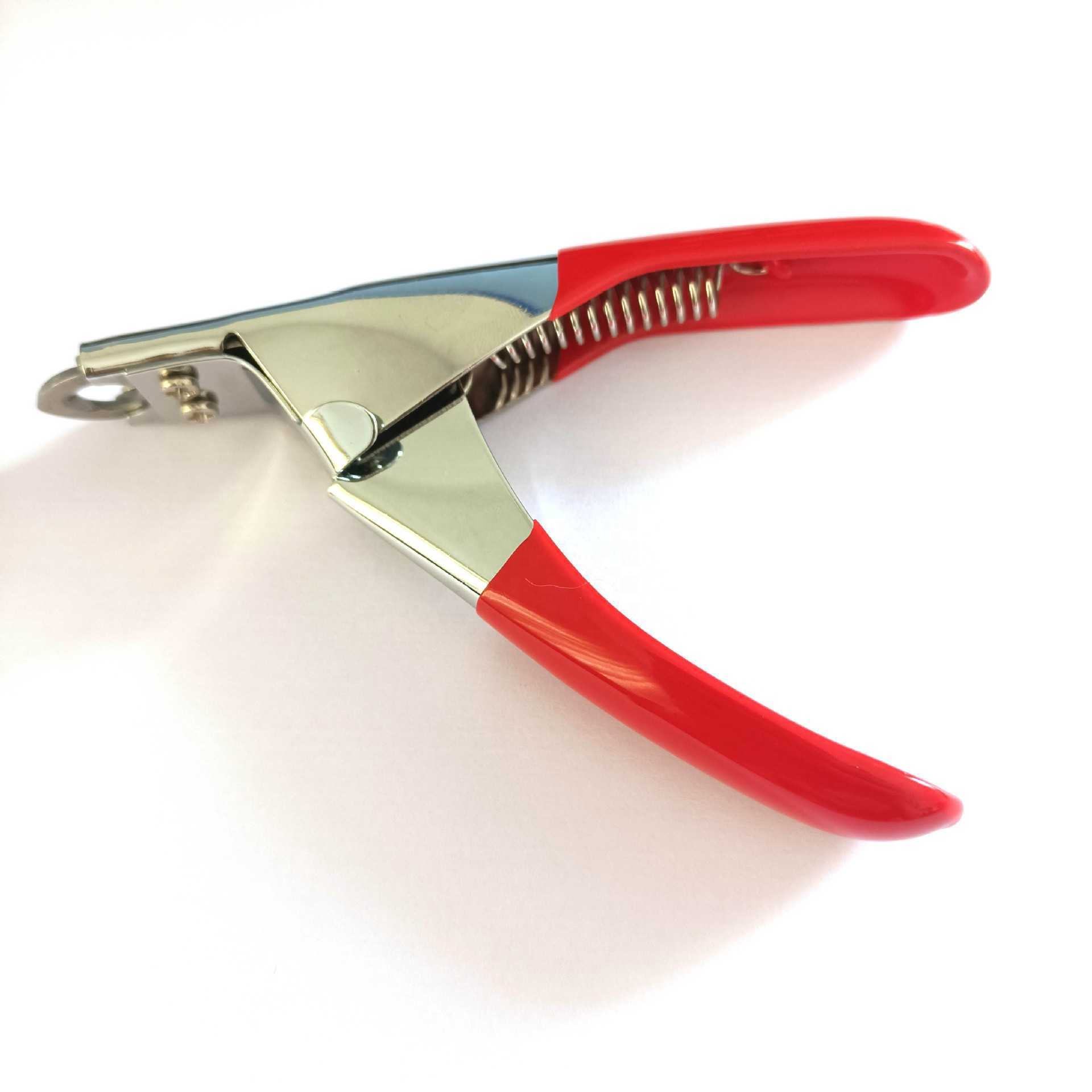 Stainless steel pet nail clippers with ergonomic PP handles in red and black, suitable for cats, dogs, and puppies, ensuring safe grooming.