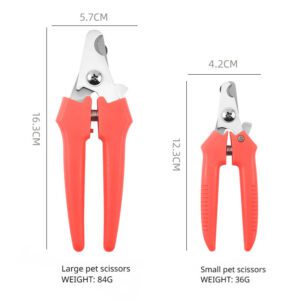 Stainless steel pet nail clippers with ergonomic PP handles in red and black, suitable for cats, dogs, and puppies, ensuring safe grooming.