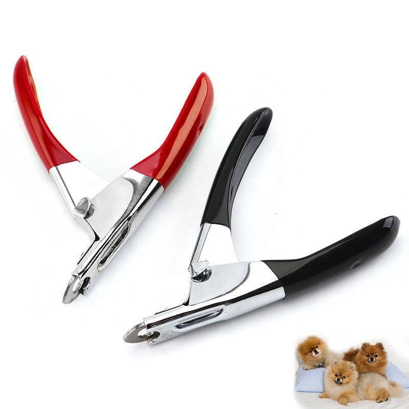 Stainless steel pet nail clippers with ergonomic PP handles in red and black, suitable for cats, dogs, and puppies, ensuring safe grooming.