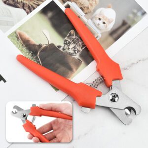 Stainless steel pet nail clippers with ergonomic PP handles in red and black, suitable for cats, dogs, and puppies, ensuring safe grooming.