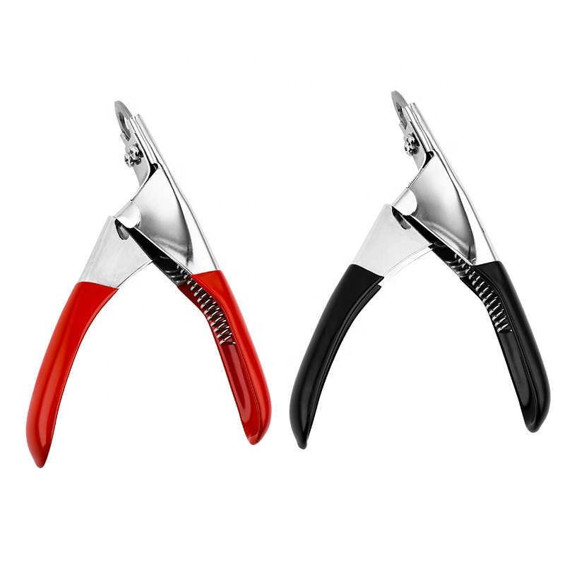 Stainless steel pet nail clippers with ergonomic PP handles in red and black, suitable for cats, dogs, and puppies, ensuring safe grooming.