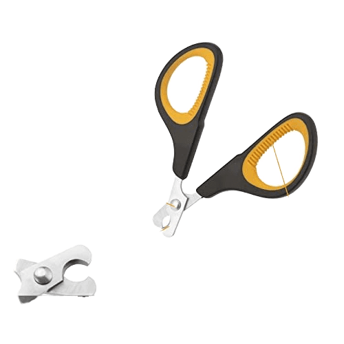 Black and yellow stainless steel pet nail clipper with anti-slip handle for safe grooming of cats and dogs.