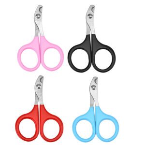 Colorful stainless steel pet nail clippers with non-slip handles for safe cat nail trimming and pet grooming.