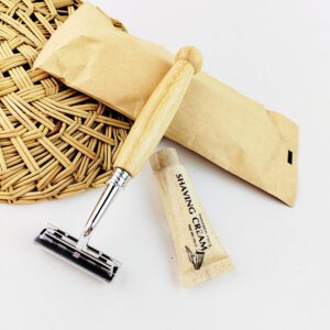 Eco-friendly wooden handle razor with stainless steel blade for safe shaving, suitable for body and face.