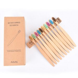 Pack of ten eco-friendly bamboo toothbrushes with colorful BPA-free bristles and recyclable kraft paper packaging, designed for adults and sustainable oral care