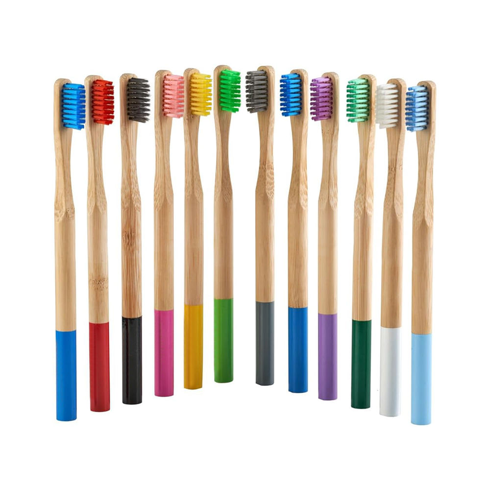 Set of eco-friendly bamboo toothbrushes with medium nylon bristles, customizable with logo and packaging, ideal for adult home use and bulk wholesale orders