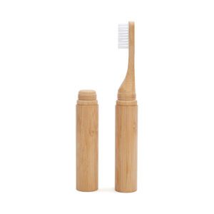 Portable bamboo toothbrush with foldable tube case, eco-friendly design, nylon bristles, and optional custom logo, perfect for travel and daily use