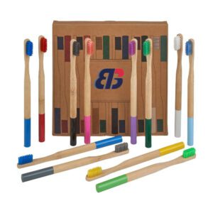 Set of eco-friendly bamboo toothbrushes with medium nylon bristles, customizable with logo and packaging, ideal for adult home use and bulk wholesale orders