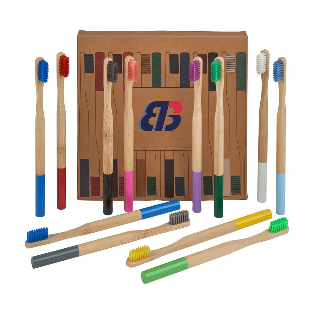 Set of eco-friendly bamboo toothbrushes with medium nylon bristles, customizable with logo and packaging, ideal for adult home use and bulk wholesale orders