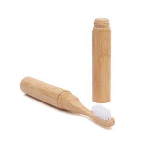 Portable bamboo toothbrush with foldable tube case, eco-friendly design, nylon bristles, and optional custom logo, perfect for travel and daily use