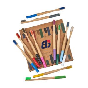 Set of eco-friendly bamboo toothbrushes with medium nylon bristles, customizable with logo and packaging, ideal for adult home use and bulk wholesale orders