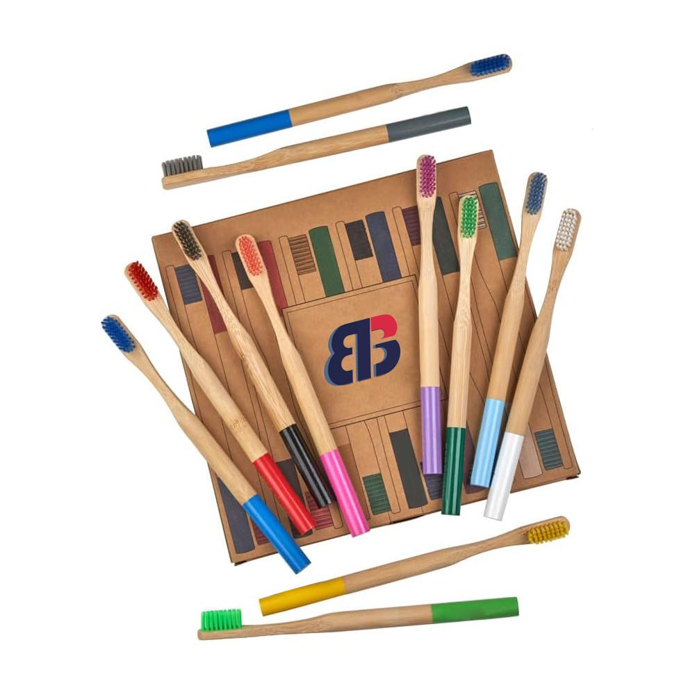 Set of eco-friendly bamboo toothbrushes with medium nylon bristles, customizable with logo and packaging, ideal for adult home use and bulk wholesale orders