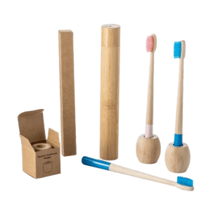 Bamboo toothbrush set with medium nylon bristles and bamboo holder, featuring a sustainable design and optional custom logo, ideal for home or bulk wholesale