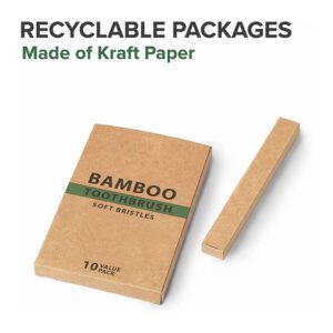 Set of bamboo toothbrushes with medium nylon bristles, natural wood handles, recyclable packaging, suitable for adult home use and sustainable oral care