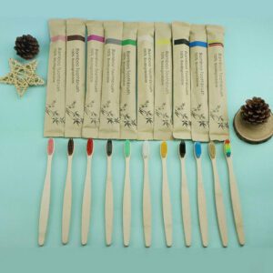 Pack of ten eco-friendly bamboo toothbrushes with colorful BPA-free bristles and recyclable kraft paper packaging, designed for adults and sustainable oral care