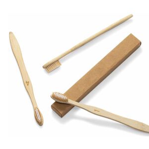 Set of bamboo toothbrushes with medium nylon bristles, natural wood handles, recyclable packaging, suitable for adult home use and sustainable oral care