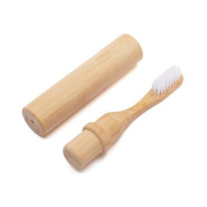 Portable bamboo toothbrush with foldable tube case, eco-friendly design, nylon bristles, and optional custom logo, perfect for travel and daily use